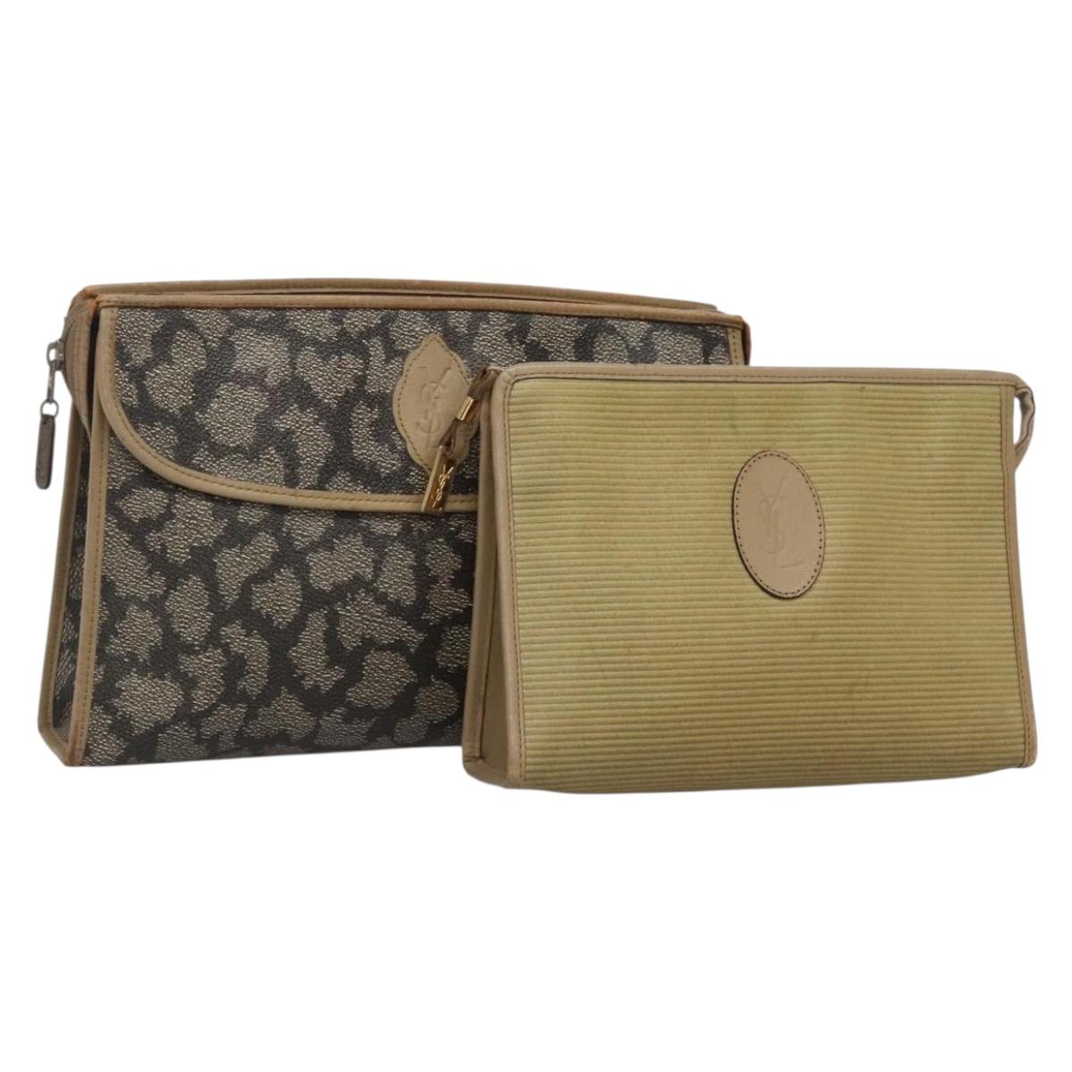 SAINT LAURENT Clutch Bag 2Set Beige Brown gold Auth am8873
