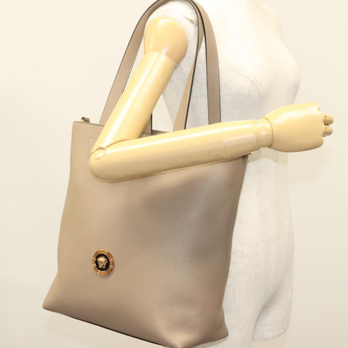 VERSACE Tote Bag Leather Beige Gold Auth am8882