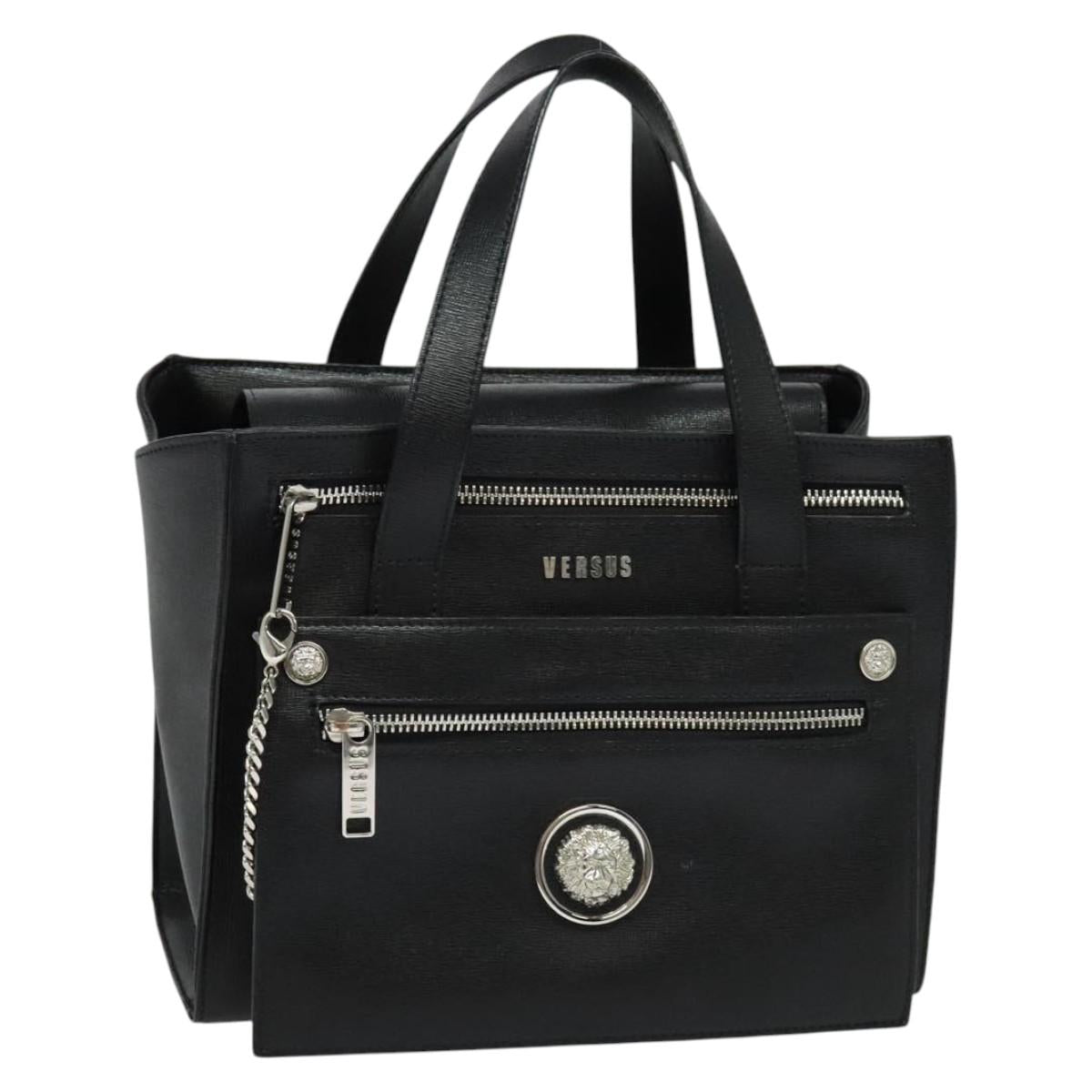 VERSACE Hand Bag Leather Black Silver Auth am8883
