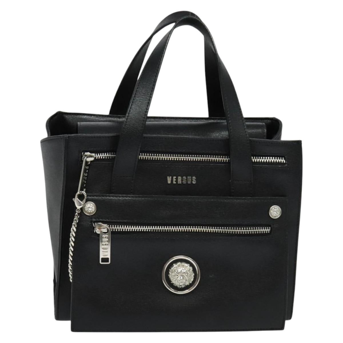 VERSACE Hand Bag Leather Black Silver Auth am8883