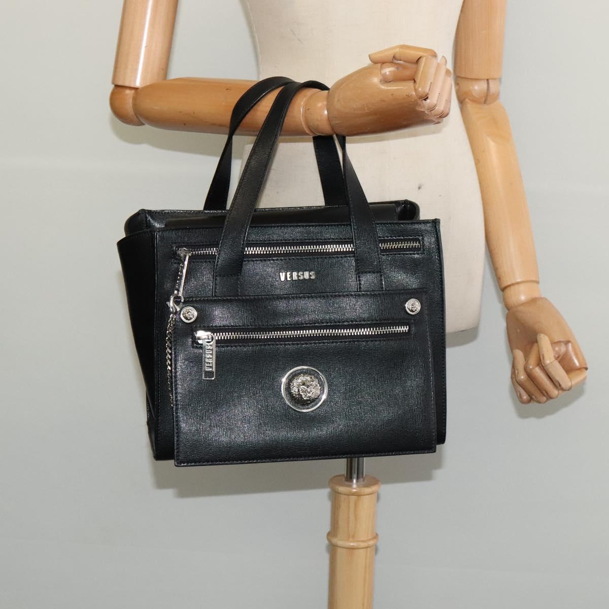 VERSACE Hand Bag Leather Black Silver Auth am8883