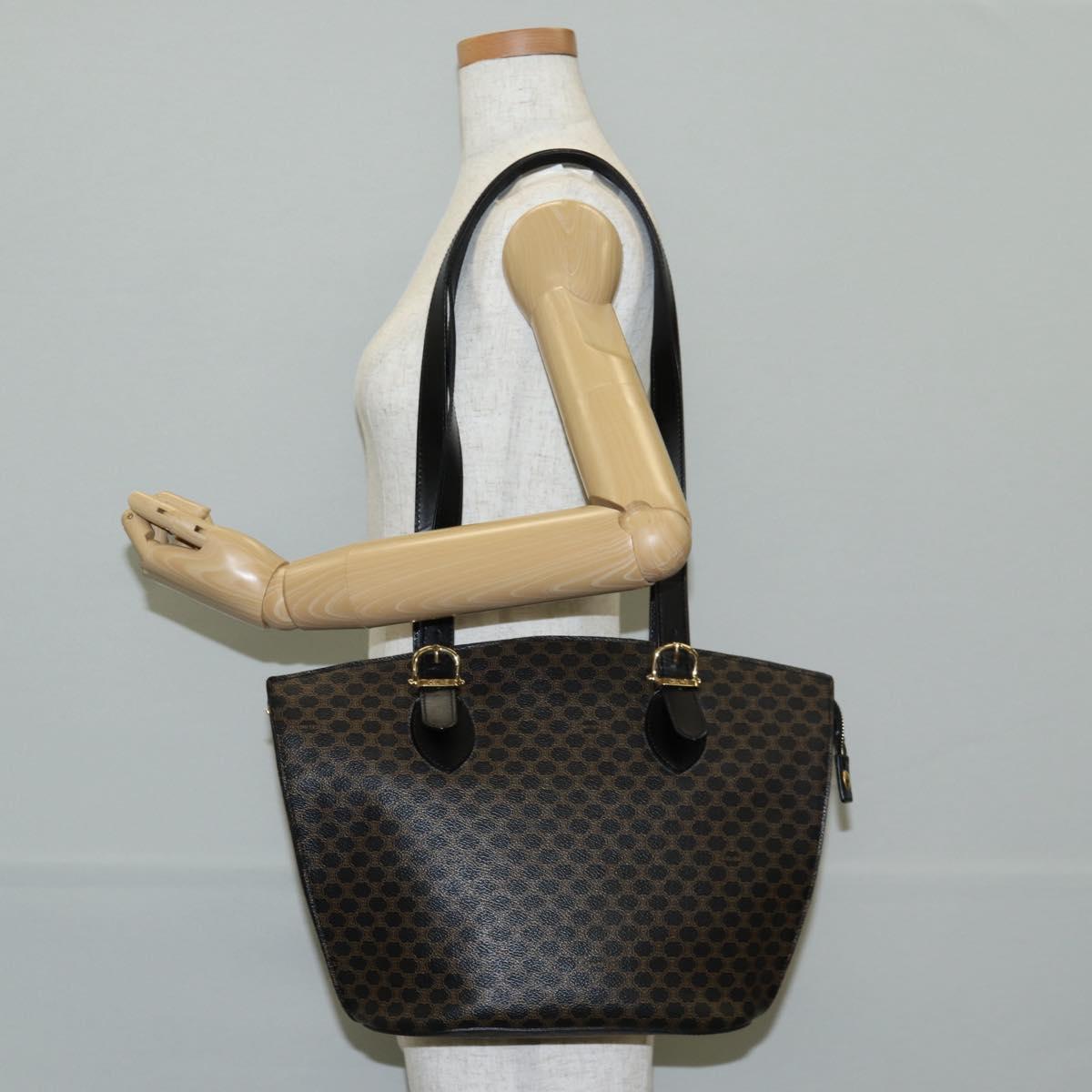 CELINE Macadam Canvas Shoulder Bag PVC Leather Black Gold Auth am8906V