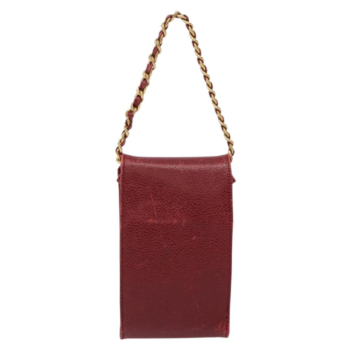 CHANEL Phone Case Caviar Skin Red Gold CC Auth am8937