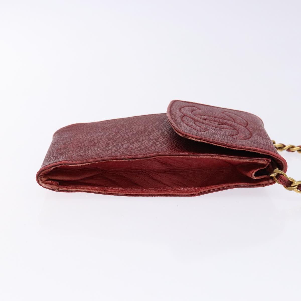 CHANEL Phone Case Caviar Skin Red Gold CC Auth am8937
