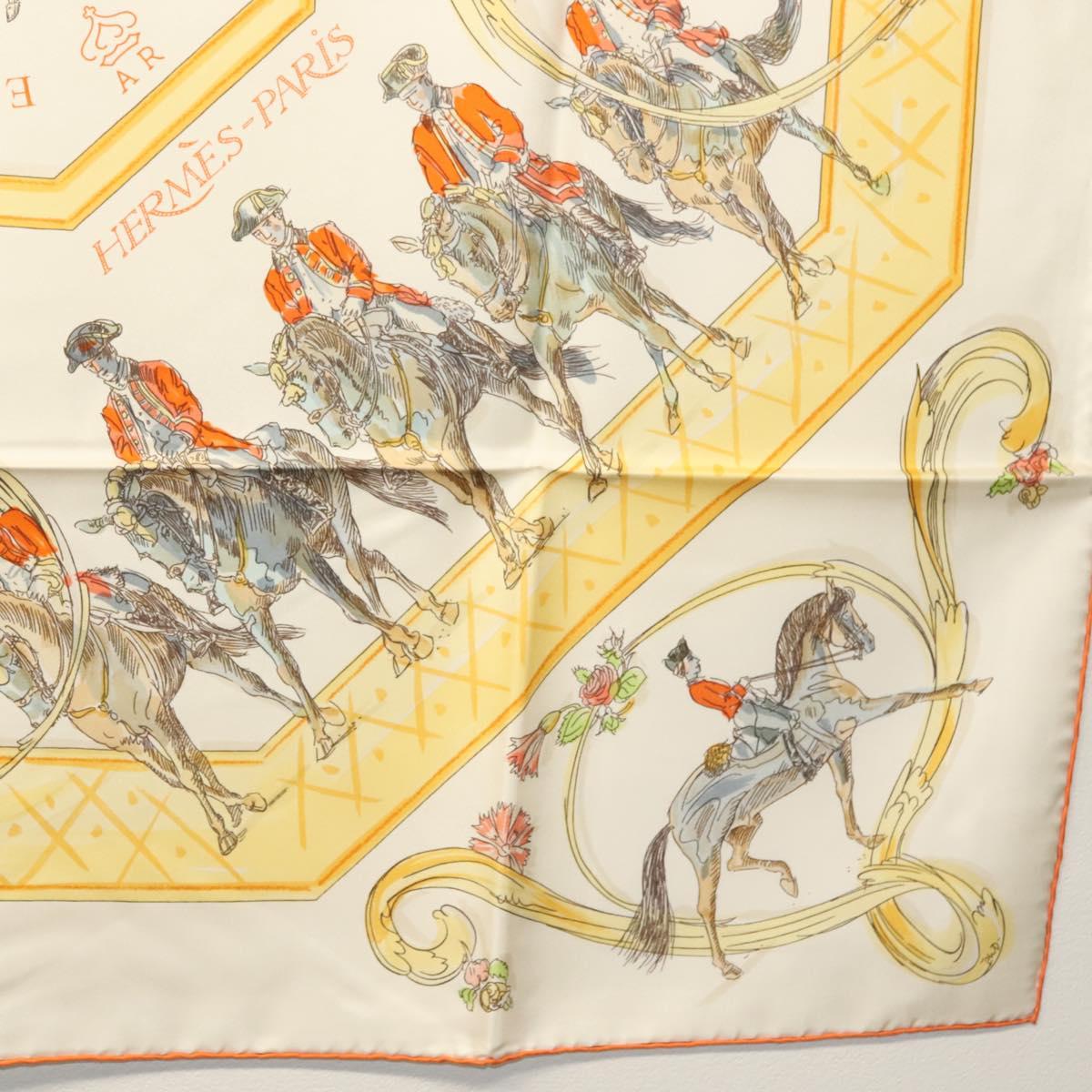 HERMES Carre 90 Scarf ""École Portugaise d'Art Équestre"" Silk Beige Auth am9006