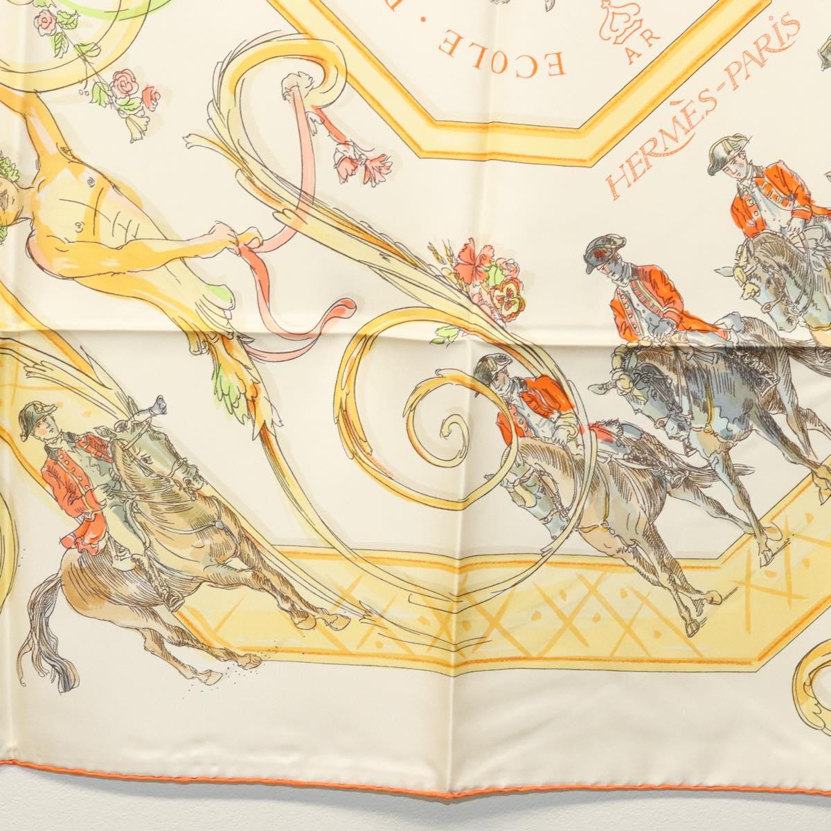 HERMES Carre 90 Scarf ""École Portugaise d'Art Équestre"" Silk Beige Auth am9006