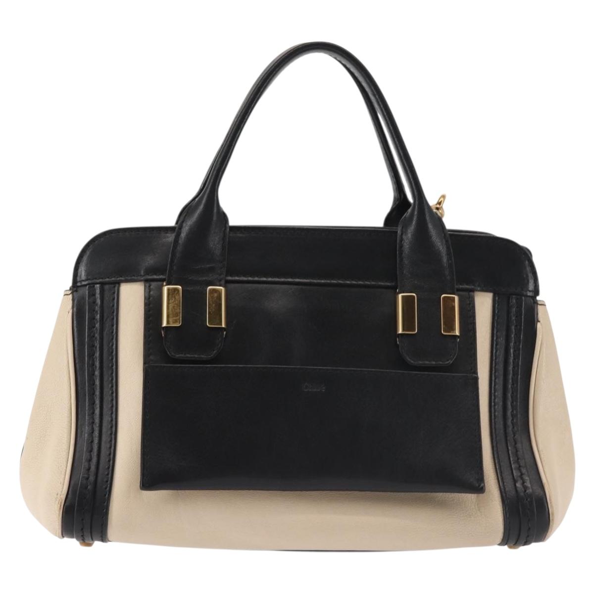 Chloe Alice Hand Bag Leather 2way Beige Black gold Auth am9027