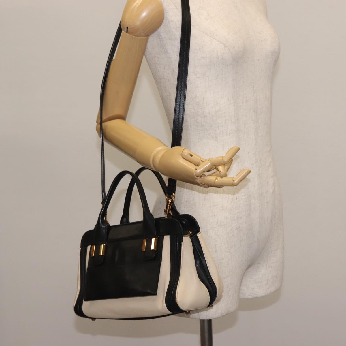 Chloe Alice Hand Bag Leather 2way Beige Black gold Auth am9027