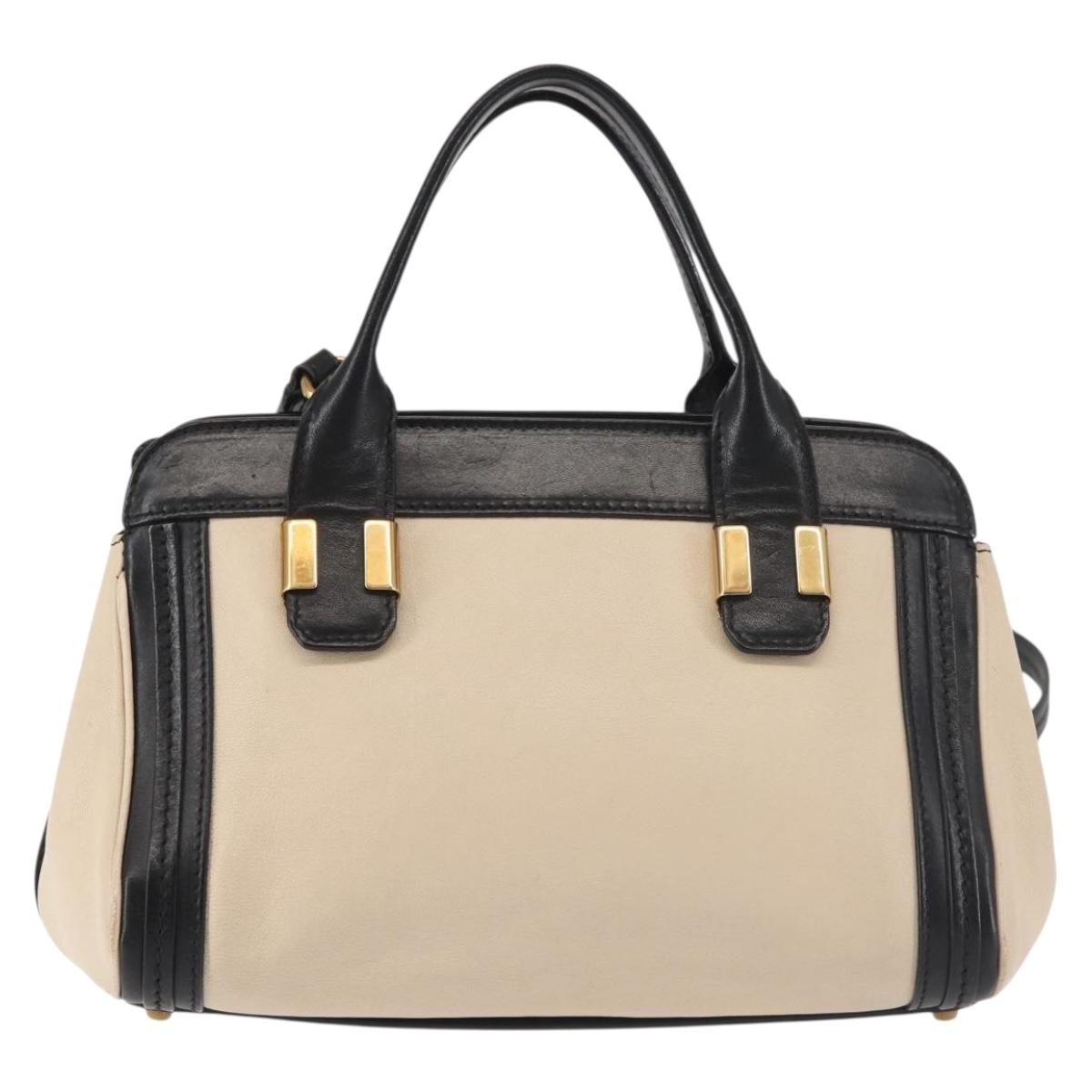 Chloe Alice Hand Bag Leather 2way Beige Black gold Auth am9027