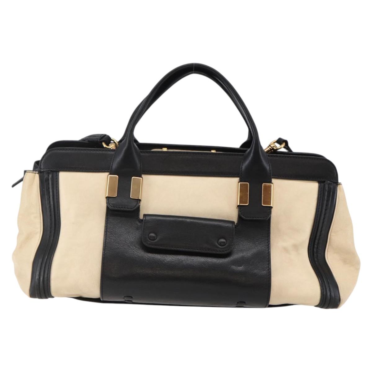 Chloe Alice Hand Bag Leather 2way Beige Black gold Auth am9028