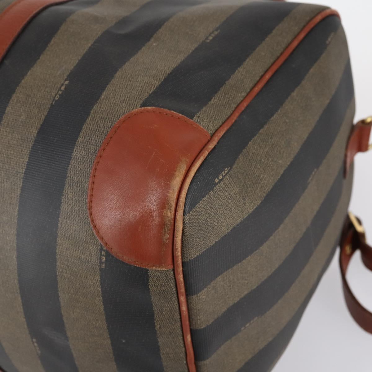 FENDI Pecan Canvas Boston Bag PVC 2way Black Brown gold Auth am9033