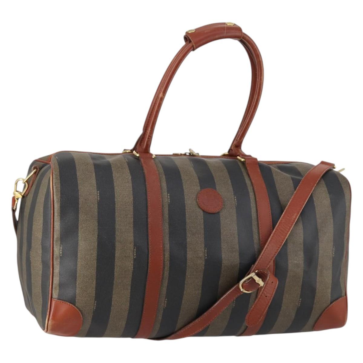 FENDI Pecan Canvas Boston Bag PVC 2way Black Brown gold Auth am9033