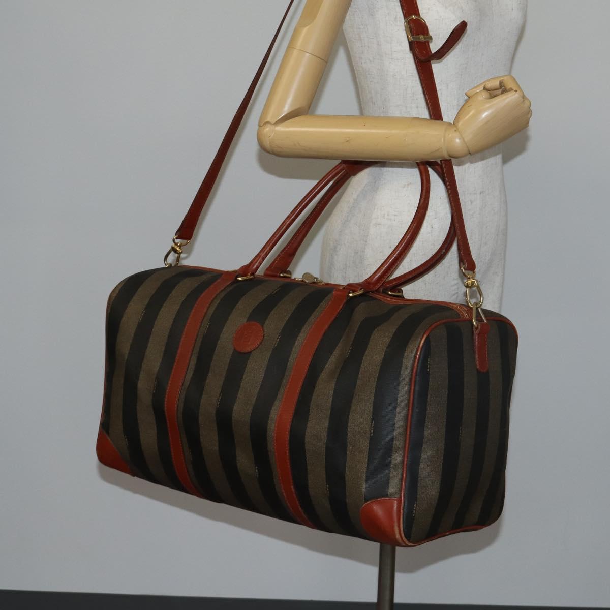 FENDI Pecan Canvas Boston Bag PVC 2way Black Brown gold Auth am9033