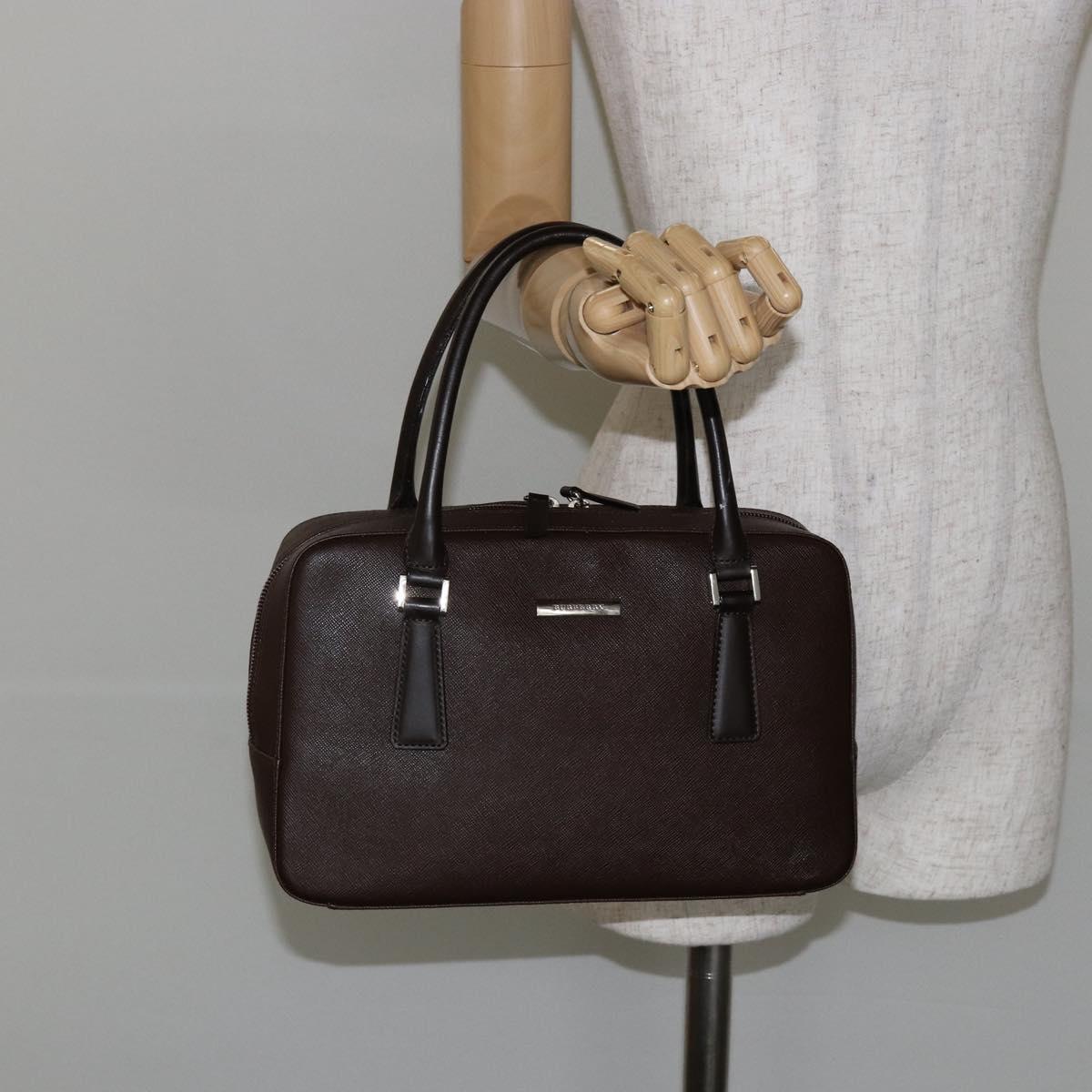 BURBERRY Hand Bag Leather Brown Silver Auth am9046