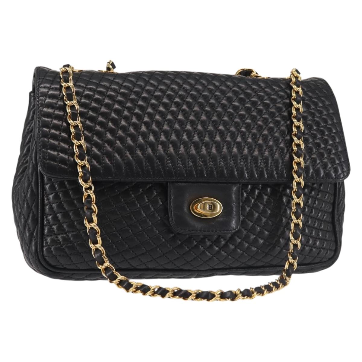 BALLY Chain Shoulder Bag Leather Black Gold Auth am9054