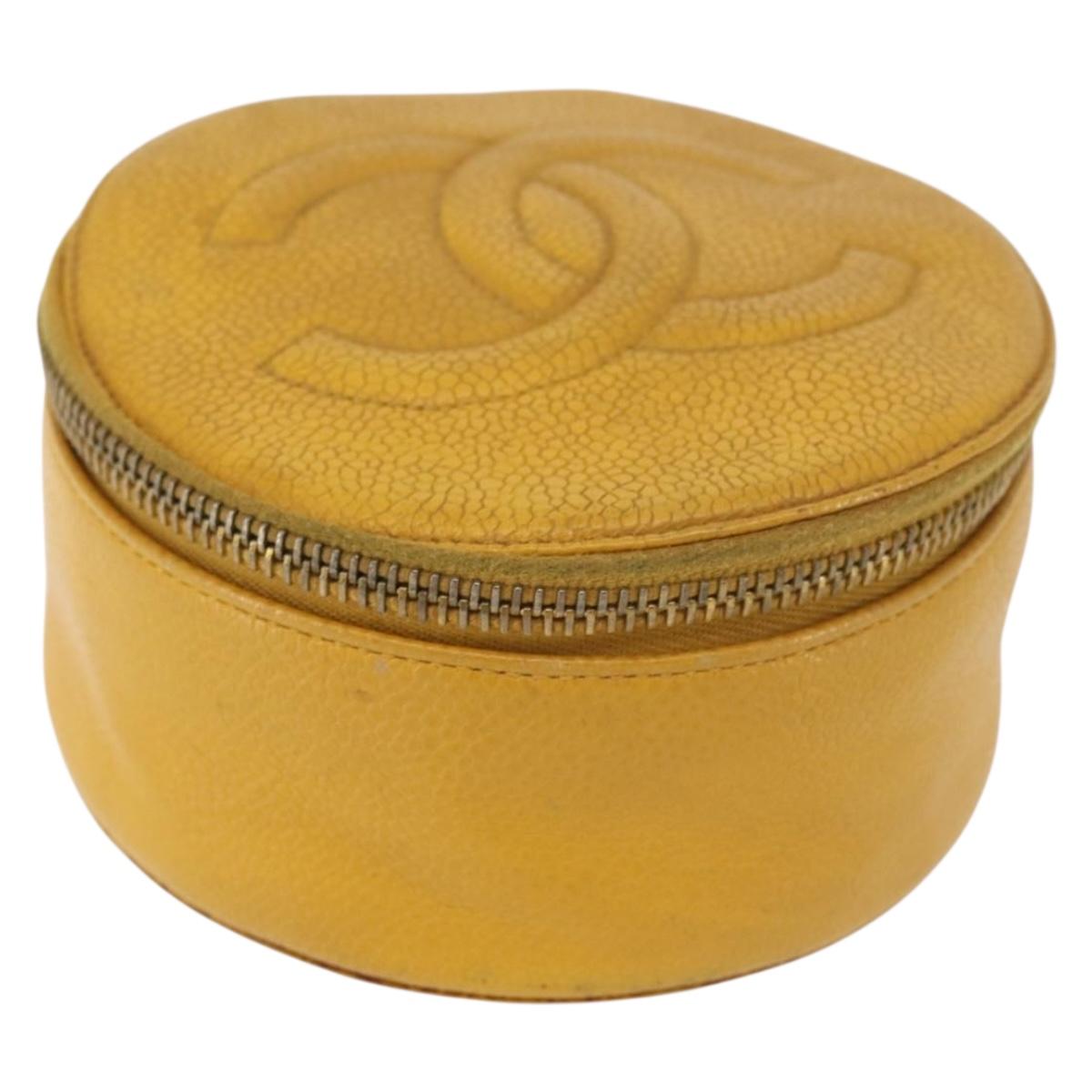 CHANEL COCO Mark Jewelry Box Caviar Skin Yellow Gold CC Auth am9057