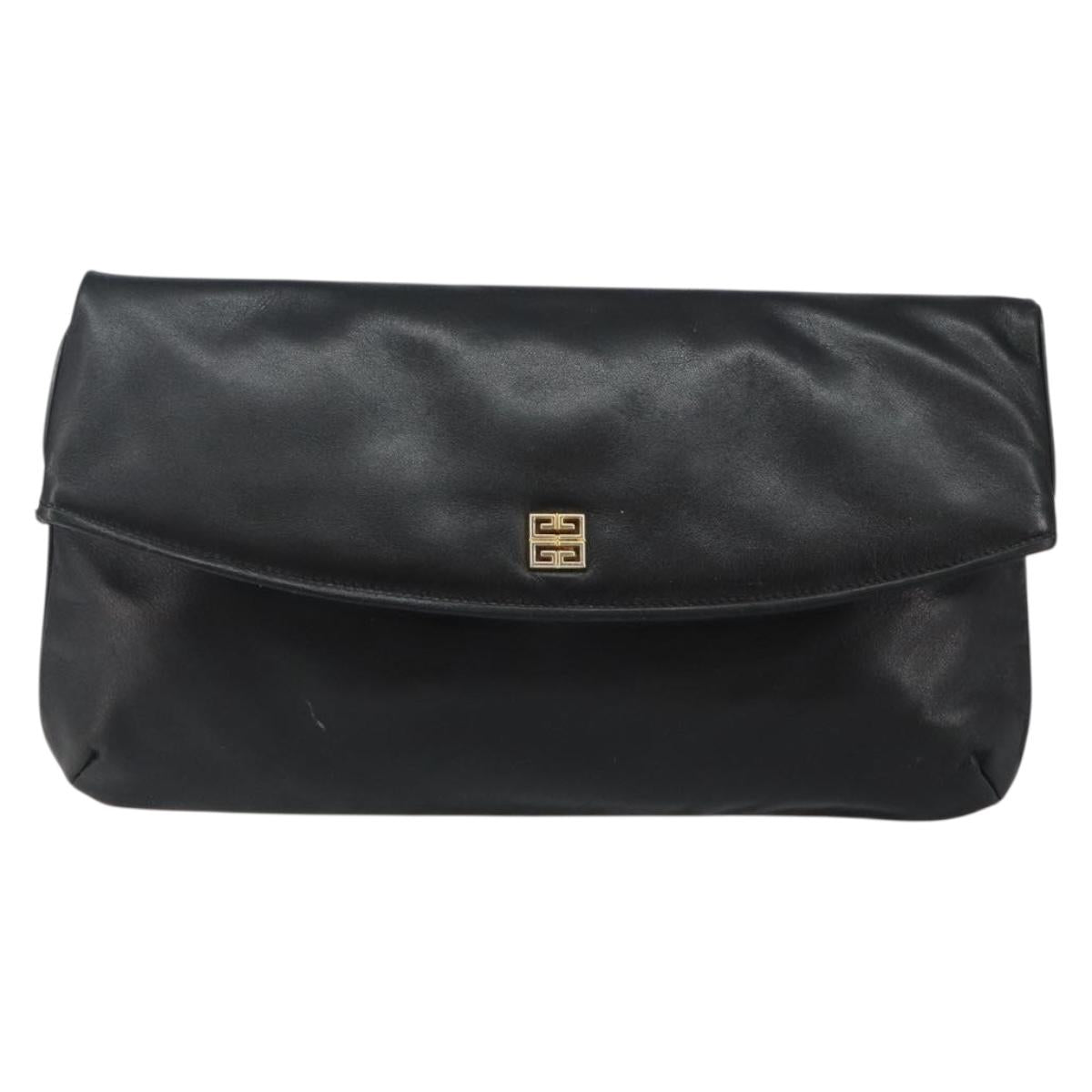 GIVENCHY Clutch Bag Leather Black Gold Auth am9079