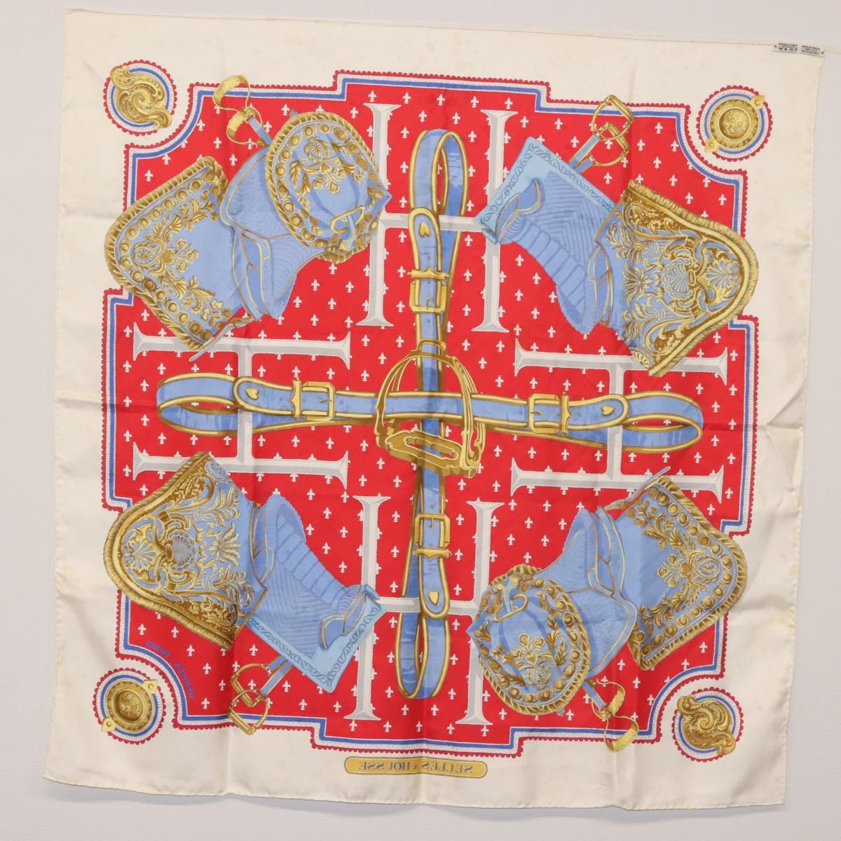 HERMES Carre 90 Scarf ""SELLES A HOUSSE"" Silk Red Auth am9081