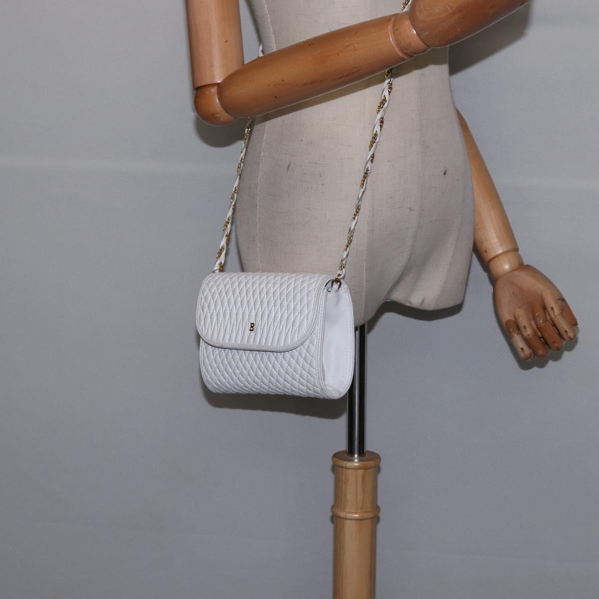 BALLY Chain Shoulder Bag Leather White Gold Auth am9085