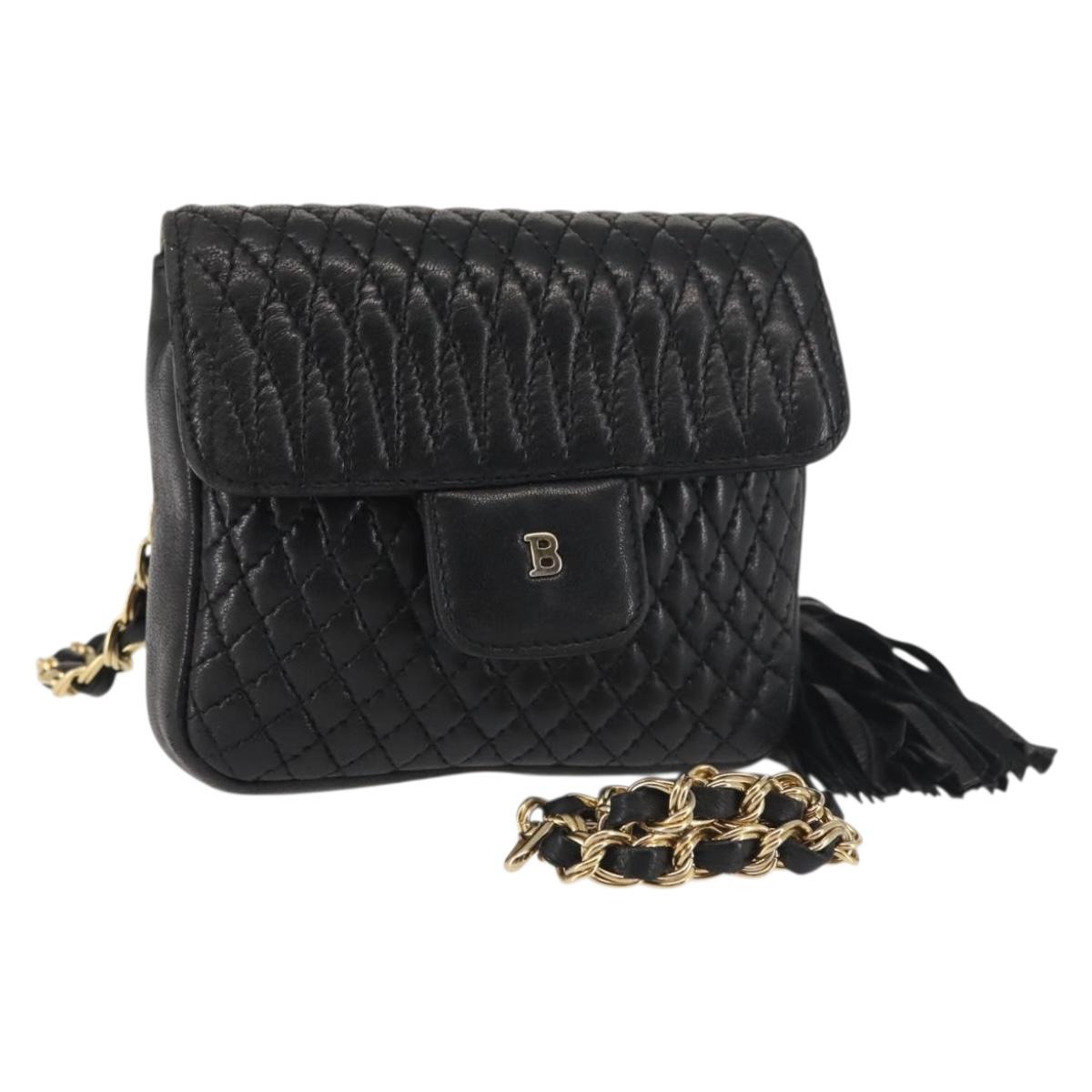 BALLY Chain Shoulder Bag Leather Black Gold Auth am9086