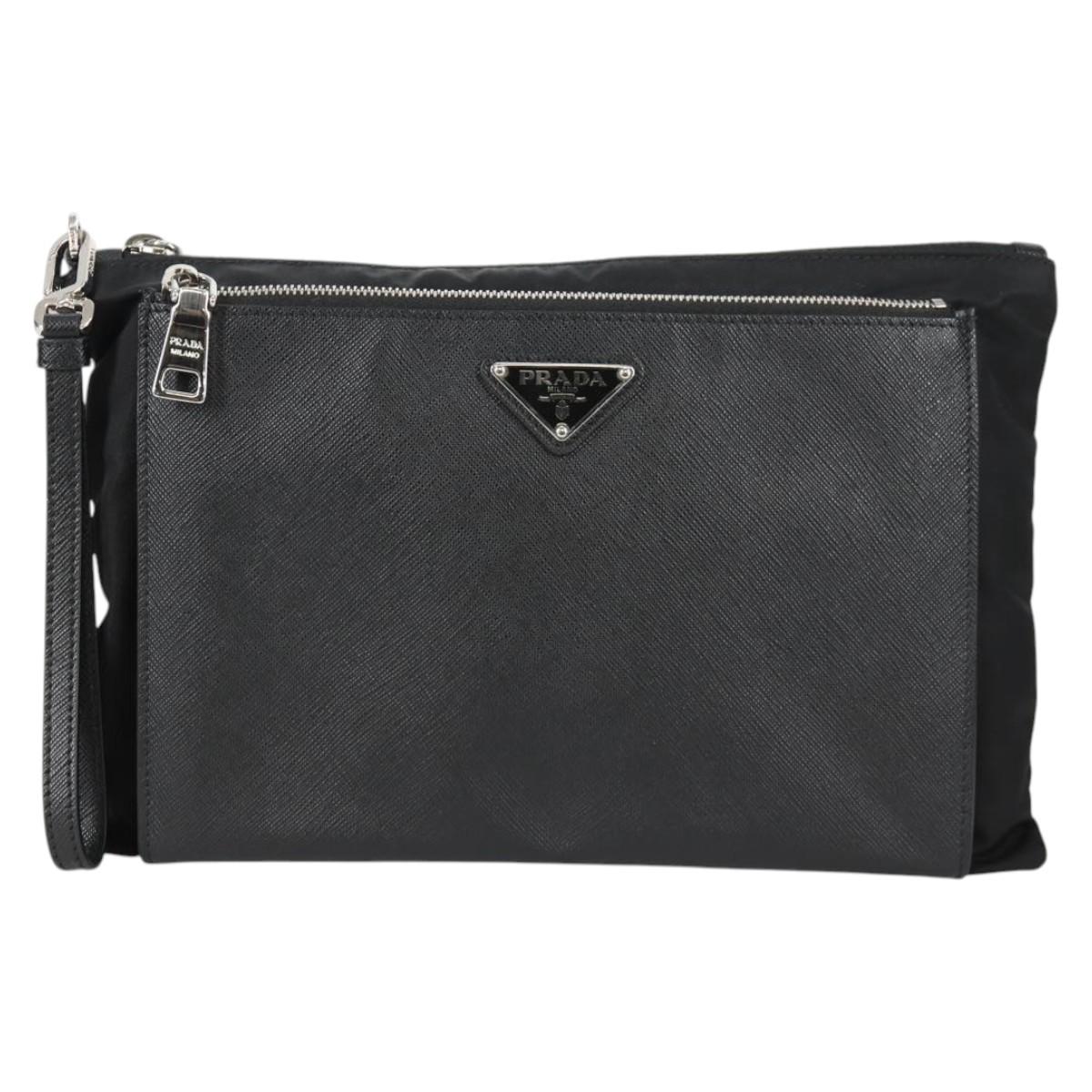 PRADA Clutch Bag Saffiano Nylon Black Silver Auth am9108V