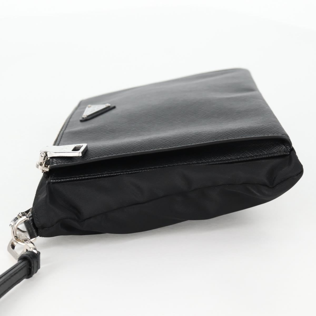 PRADA Clutch Bag Saffiano Nylon Black Silver Auth am9108V