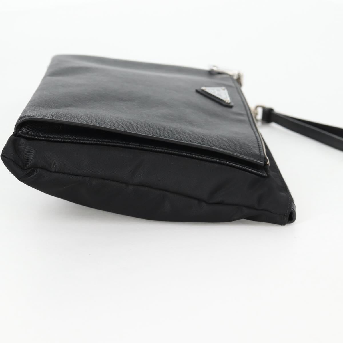 PRADA Clutch Bag Saffiano Nylon Black Silver Auth am9108V