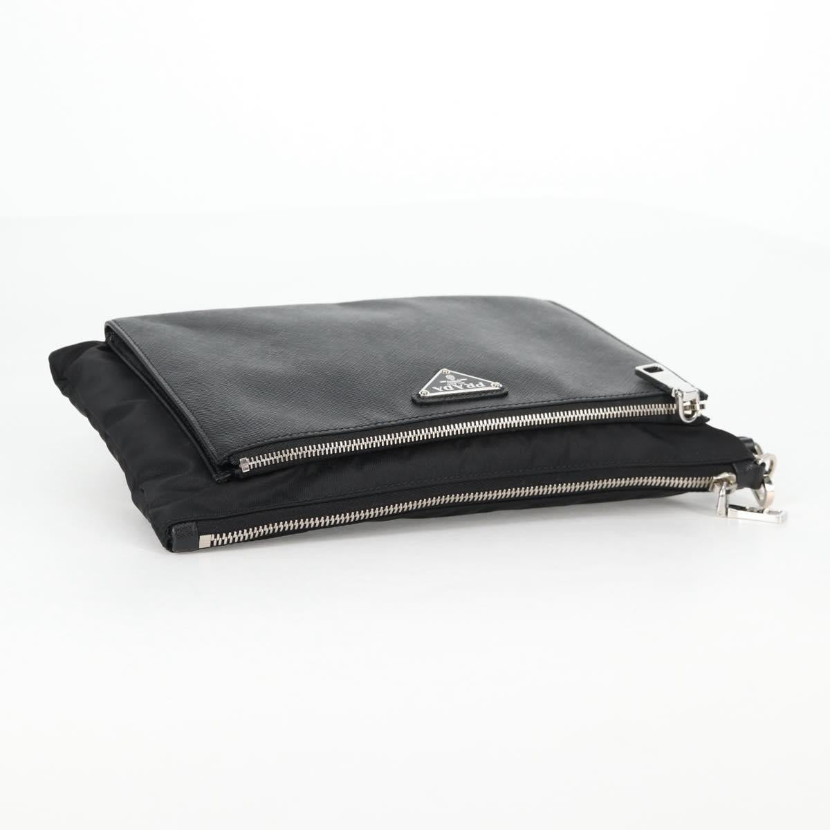 PRADA Clutch Bag Saffiano Nylon Black Silver Auth am9108V