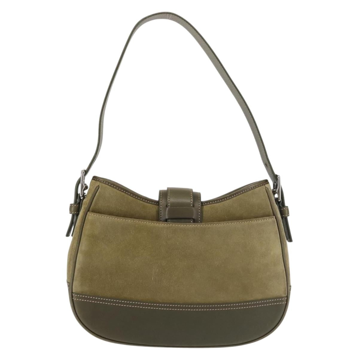 Coach Shoulder Bag Suede Leather Khaki Silver Auth am9145