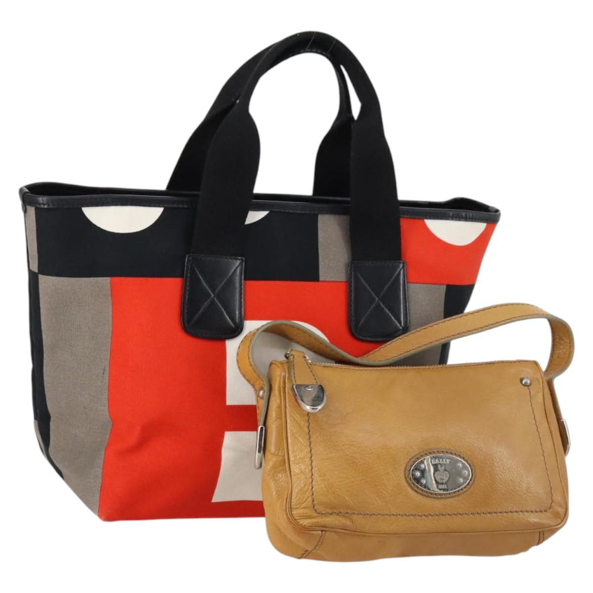 BALLY Hand Bag Canvas Leather 2Set Beige White Auth am9153