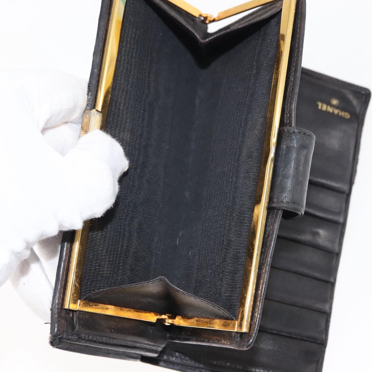 CHANEL Bicolore Long Wallet Lamb Skin Black Gold CC Auth am9177