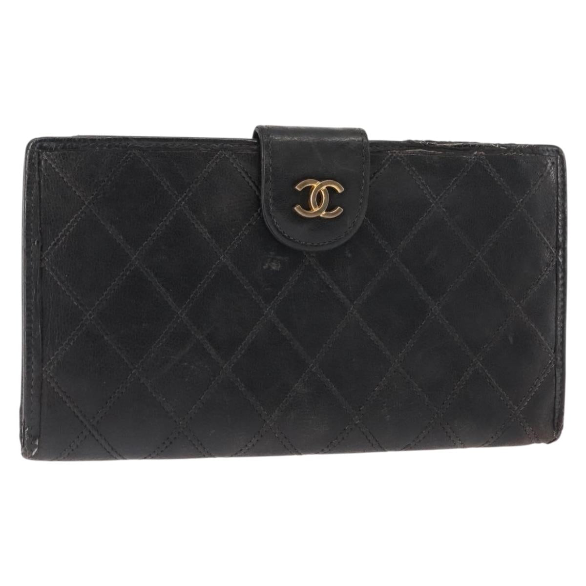 CHANEL Bicolore Long Wallet Lamb Skin Black Gold CC Auth am9177