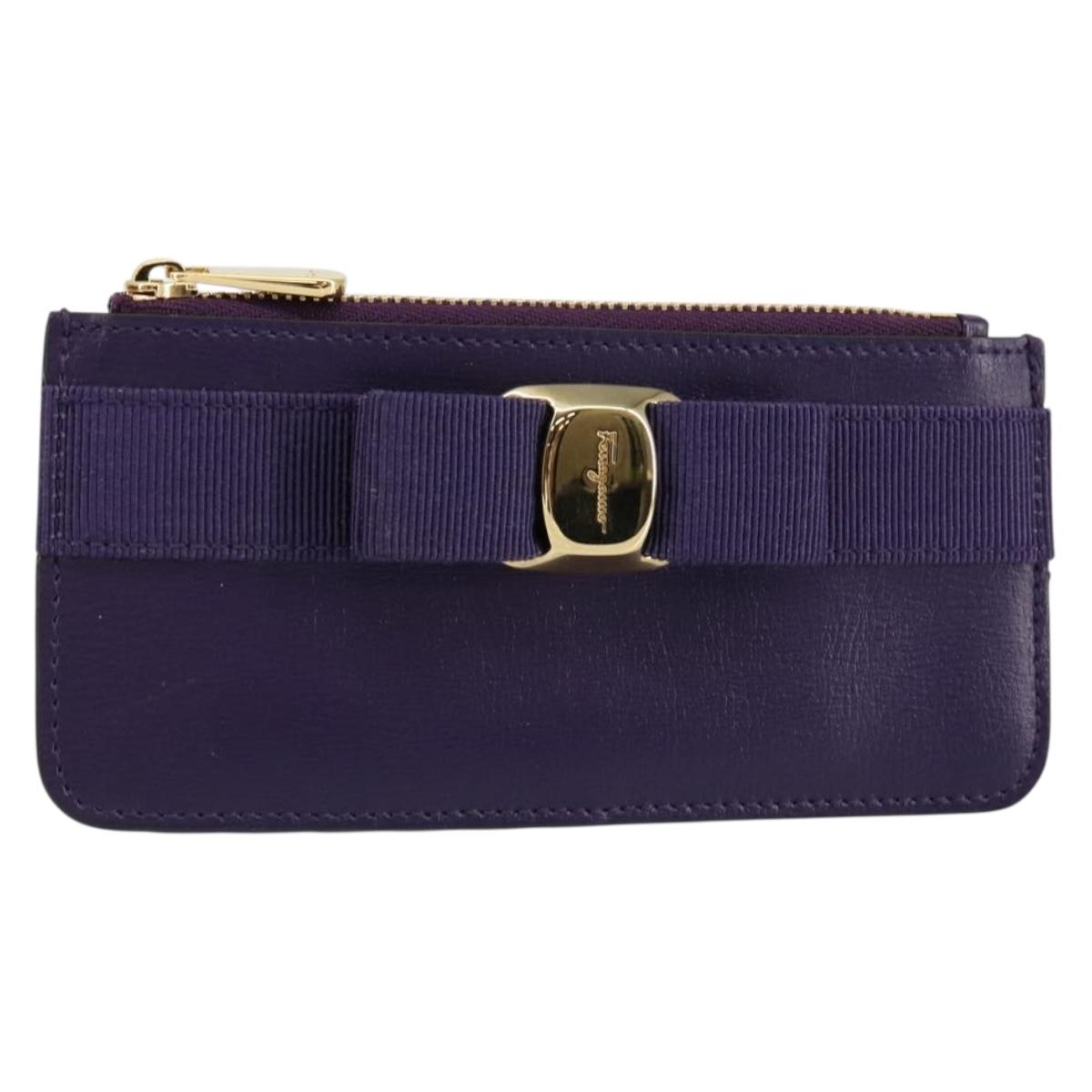 Salvatore Ferragamo Vala Card Case Leather Purple Gold Auth am9178