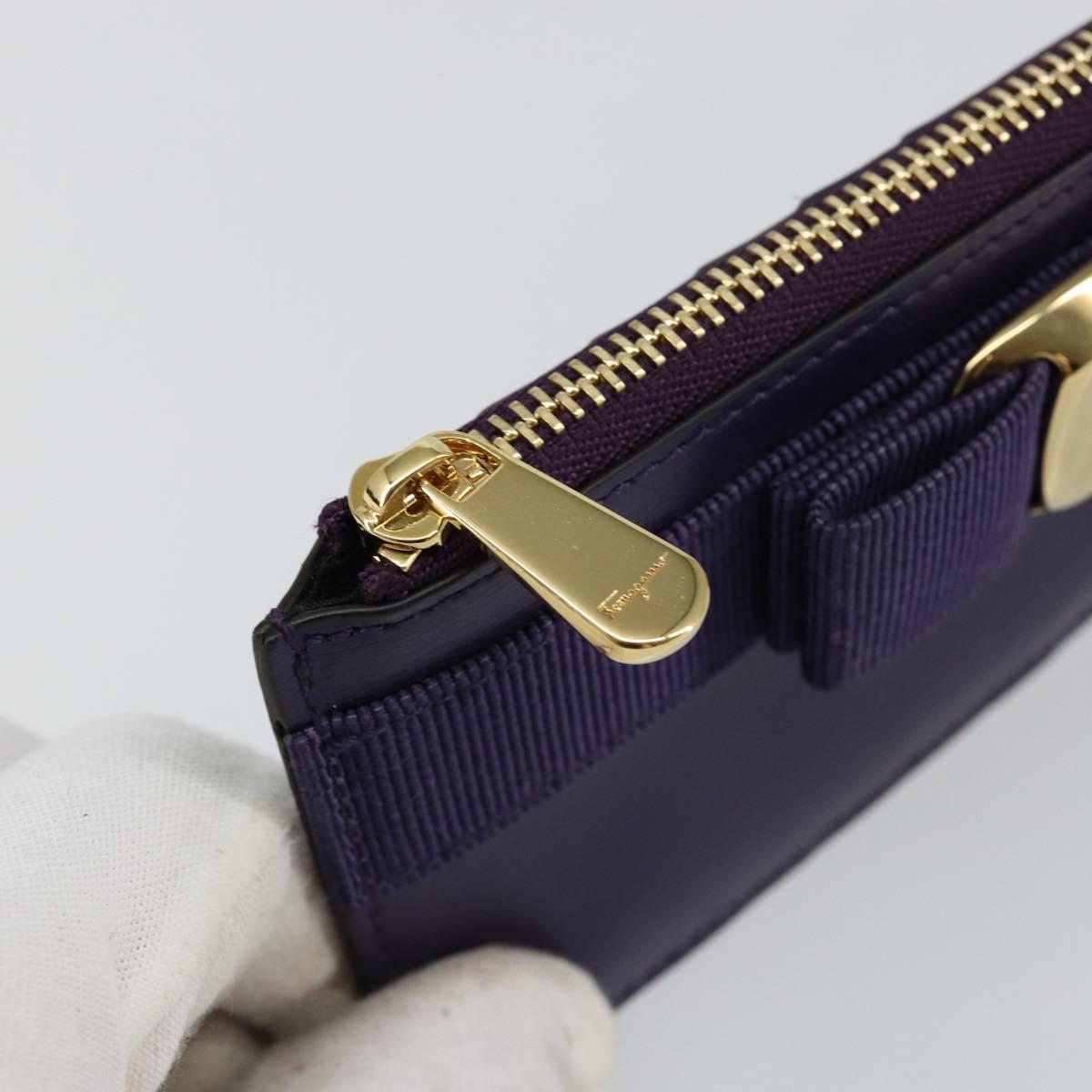 Salvatore Ferragamo Vala Card Case Leather Purple Gold Auth am9178