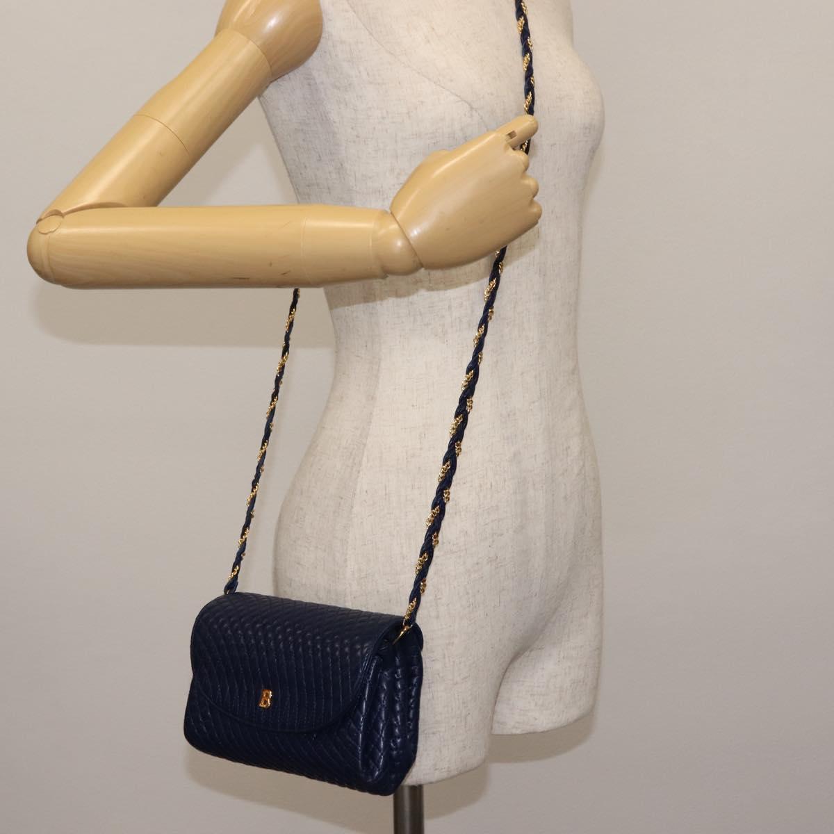 BALLY Chain Shoulder Bag Leather Navy Gold Auth am9185