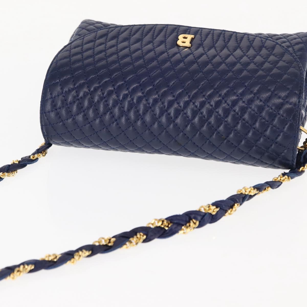 BALLY Chain Shoulder Bag Leather Navy Gold Auth am9185