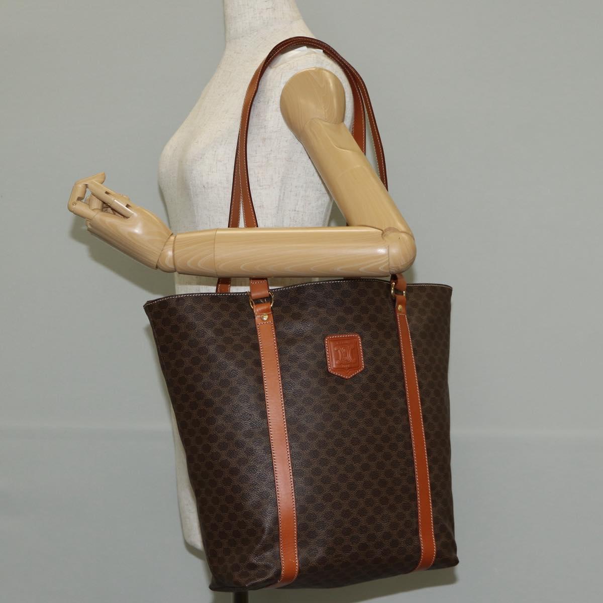 CELINE Macadam Canvas Tote Bag PVC Leather Brown Gold Auth am9189V