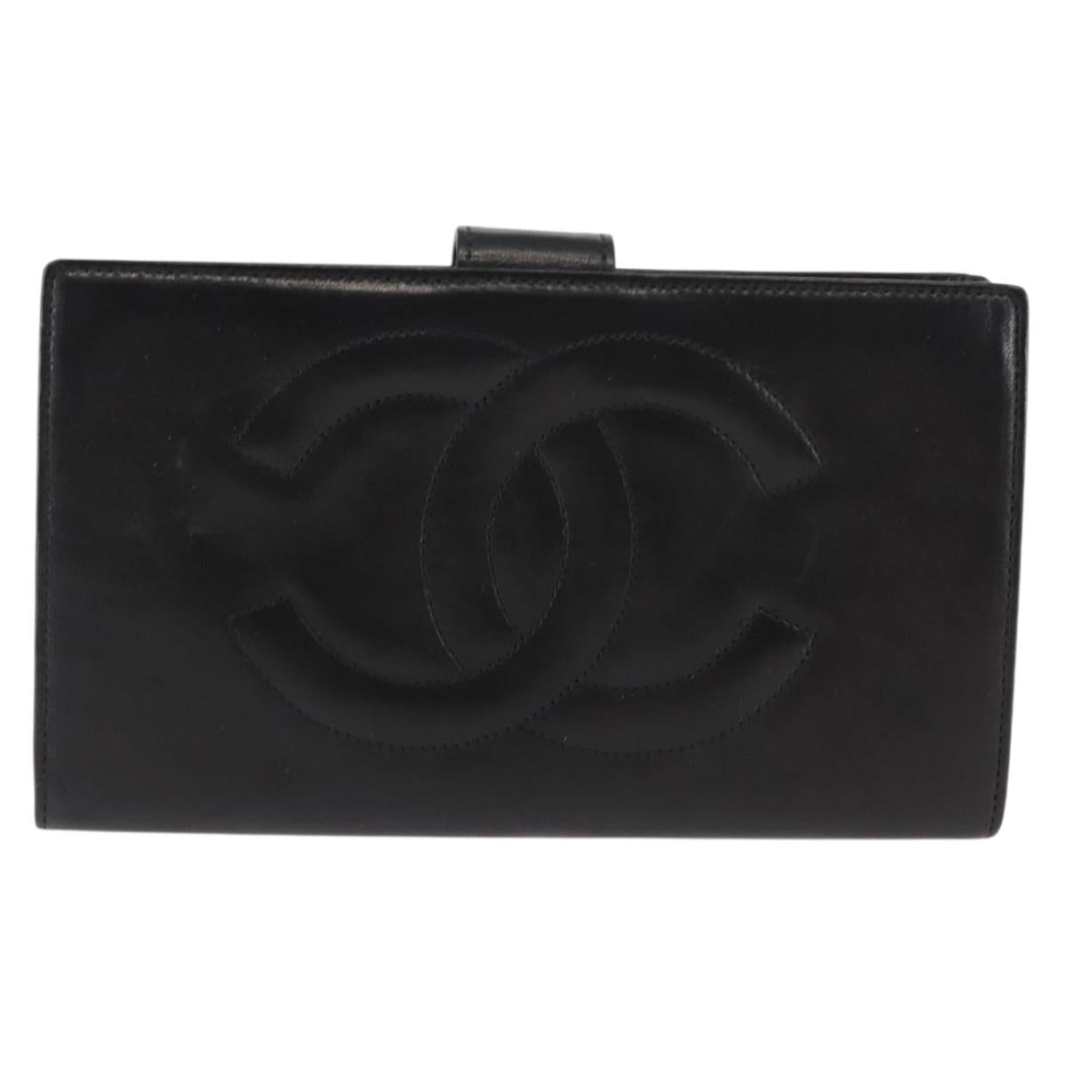 CHANEL Long Wallet Lamb Skin Black CC Auth am9206