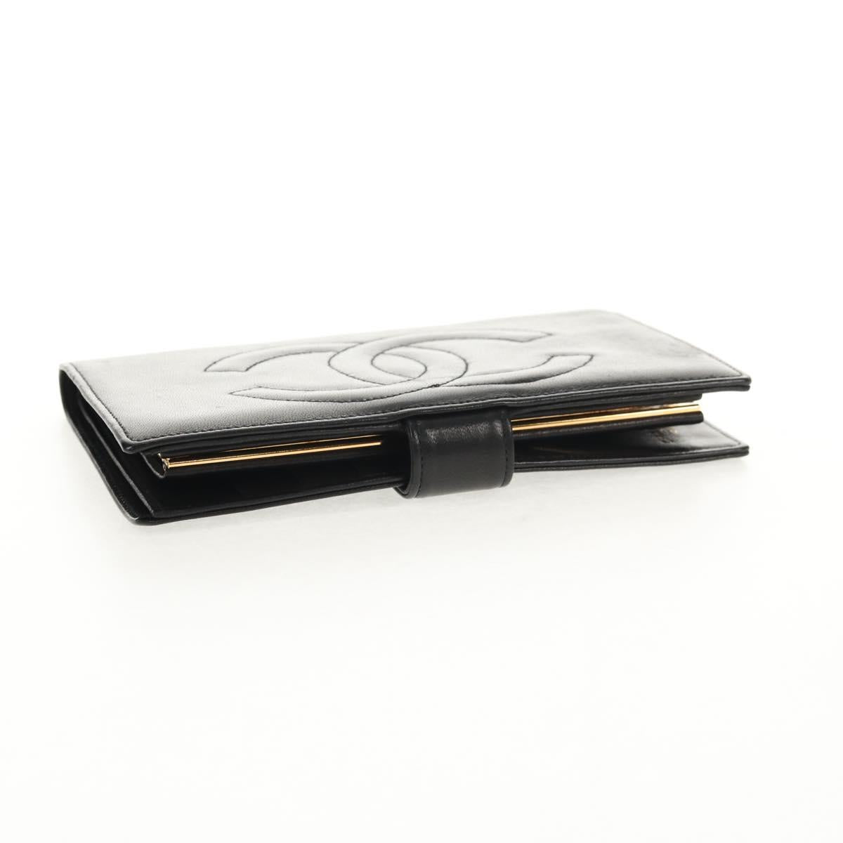 CHANEL Long Wallet Lamb Skin Black Gold CC Auth am9207V
