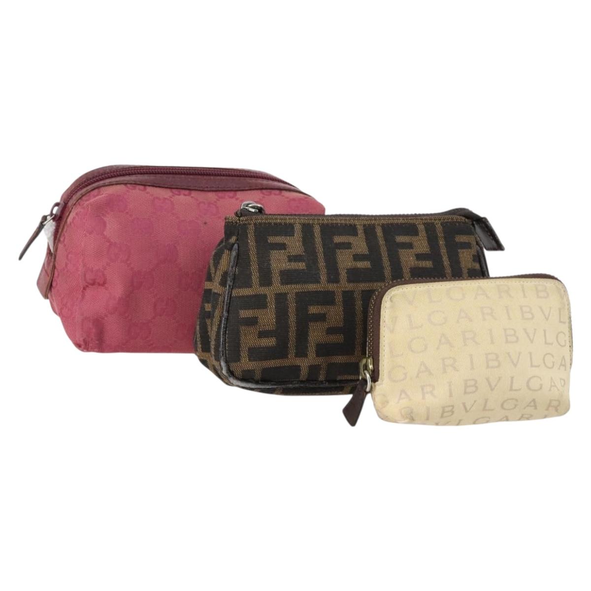 FENDI Bulgari Gucci GG Canvas Pouch Canvas 3Set Black Beige pink Auth am9226