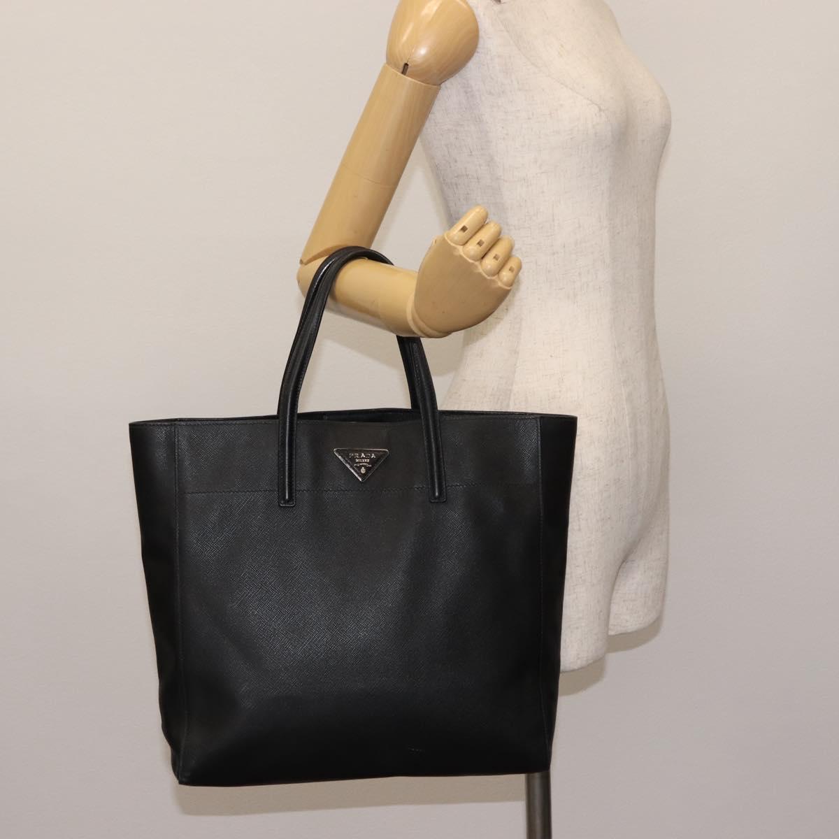 PRADA Tote Bag Safiano leather Black Silver Auth am9247