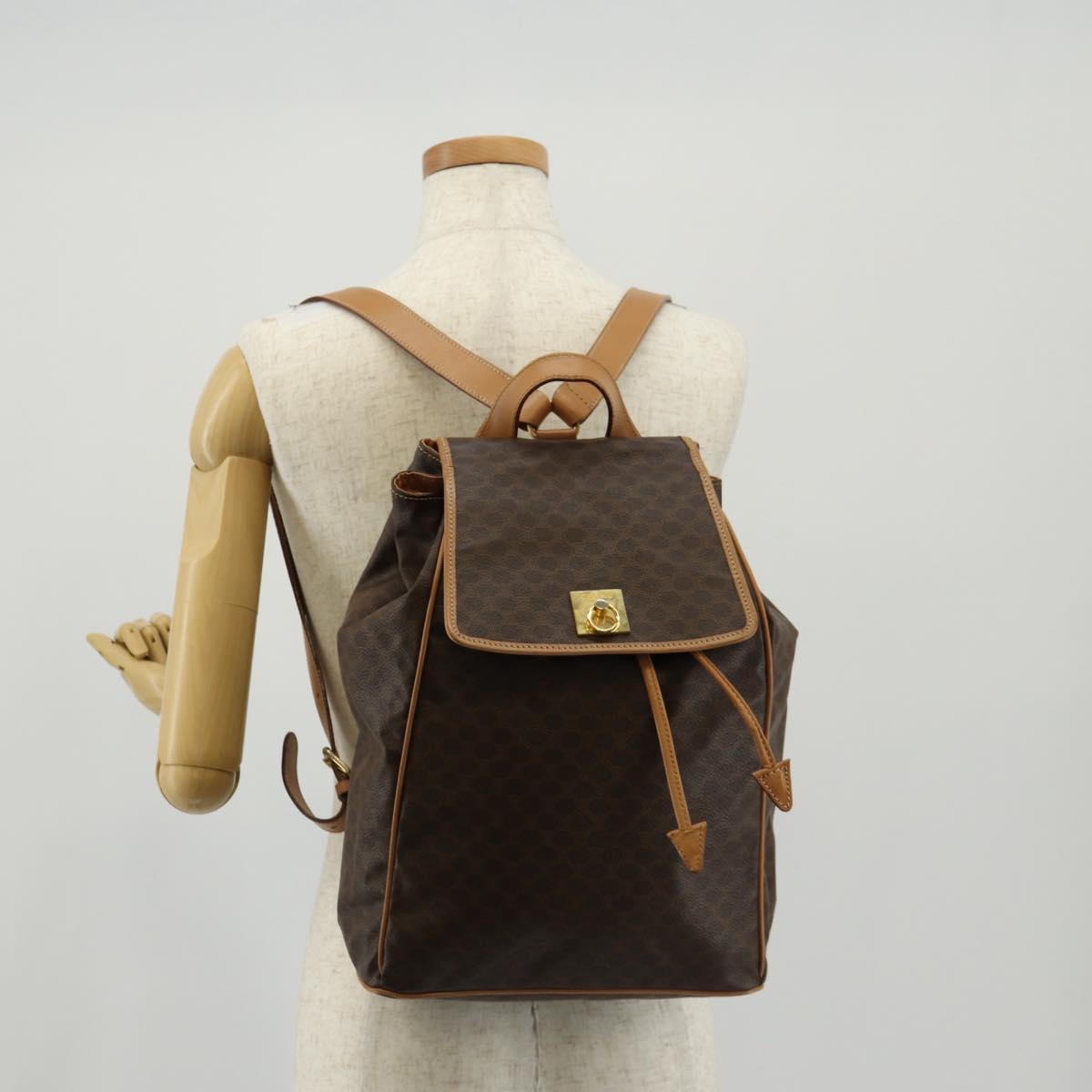 CELINE Macadam Canvas Backpack PVC Leather Brown Gold Auth am9264