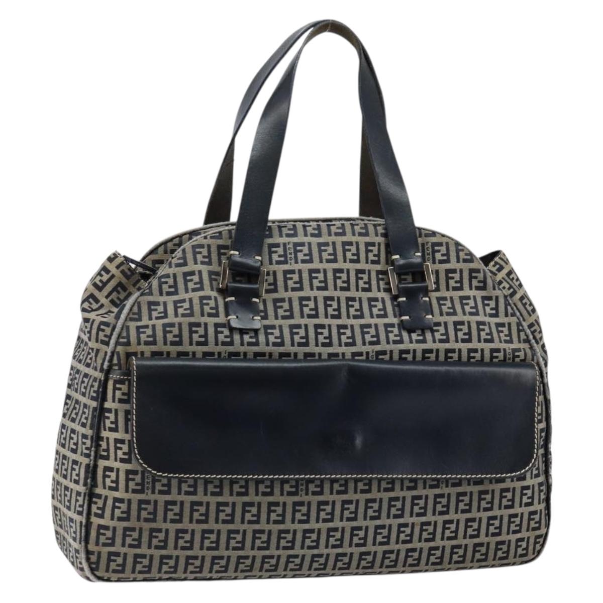 FENDI Zucchino Canvas Hand Bag Navy Silver Auth am9266