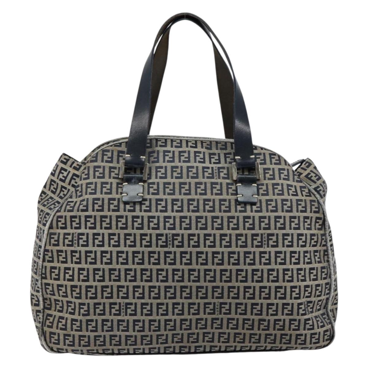FENDI Zucchino Canvas Hand Bag Navy Silver Auth am9266