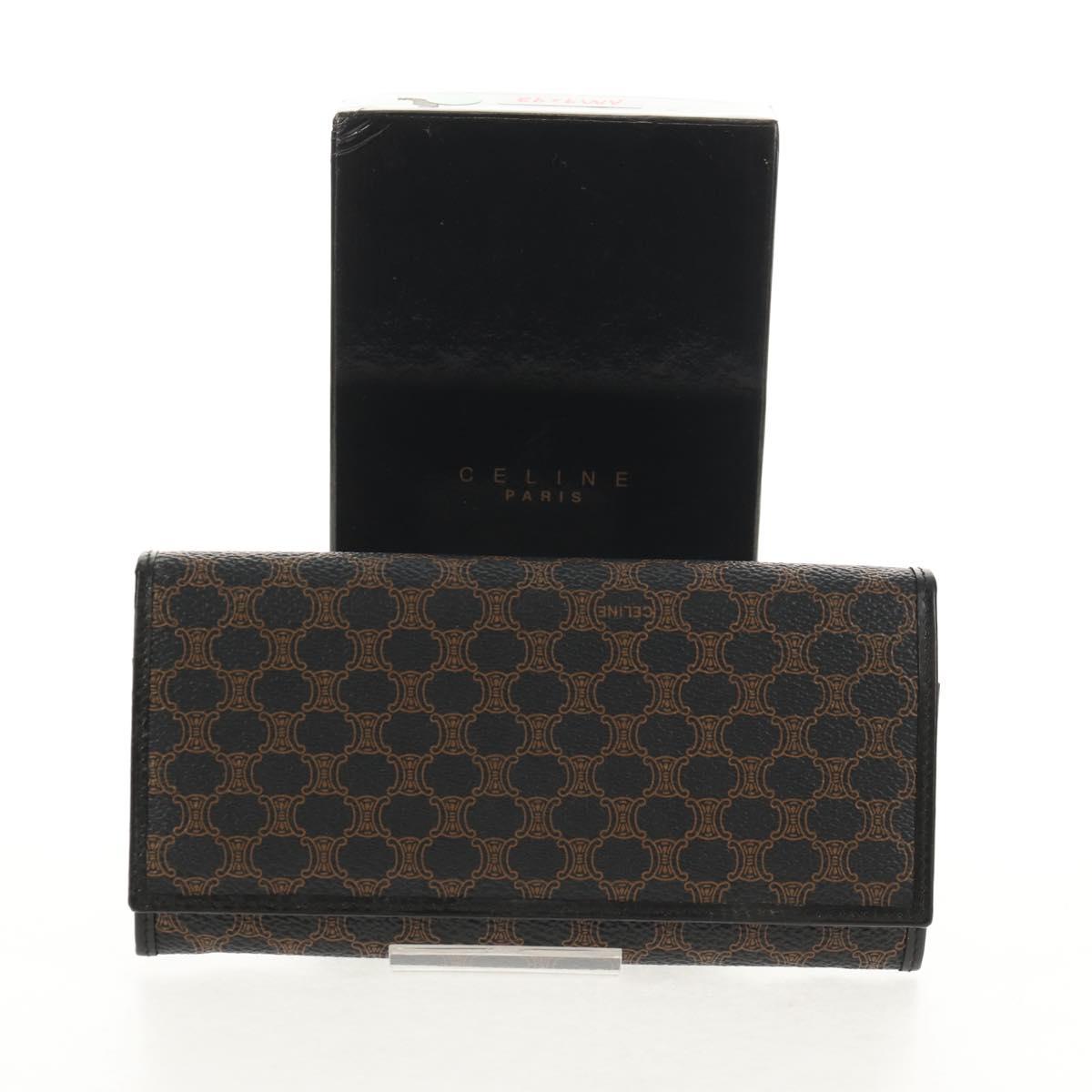 CELINE Macadam Canvas Long Wallet PVC Leather Black Auth am9298V