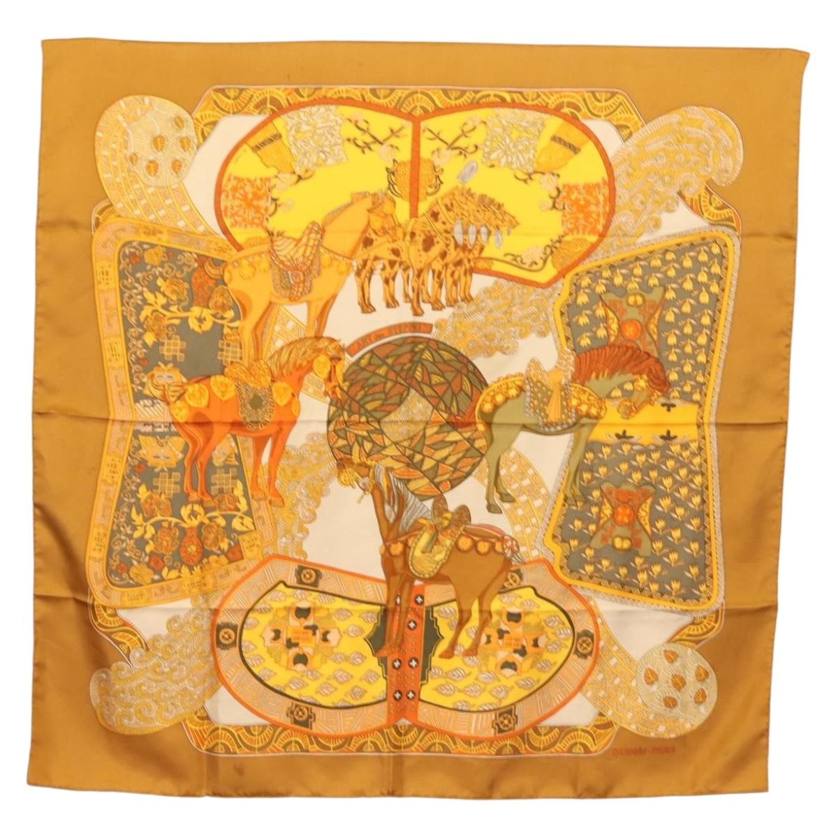 HERMES Carre 90 Scarf ""ART des STEPPES"" Silk Brown Auth am9303