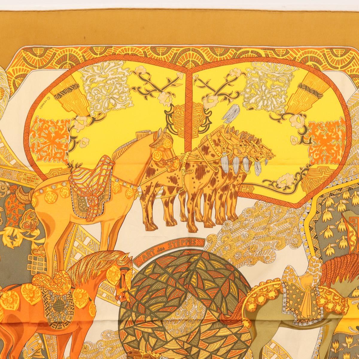 HERMES Carre 90 Scarf ""ART des STEPPES"" Silk Brown Auth am9303