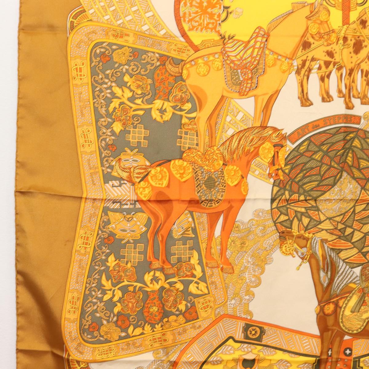 HERMES Carre 90 Scarf ""ART des STEPPES"" Silk Brown Auth am9303