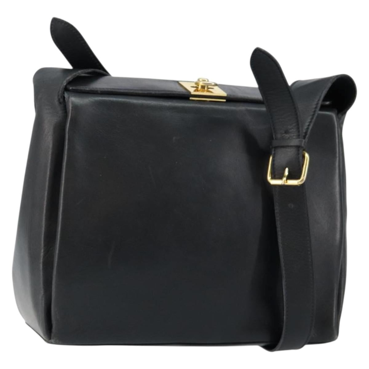 CELINE Shoulder Bag Leather Navy Gold Auth am9321