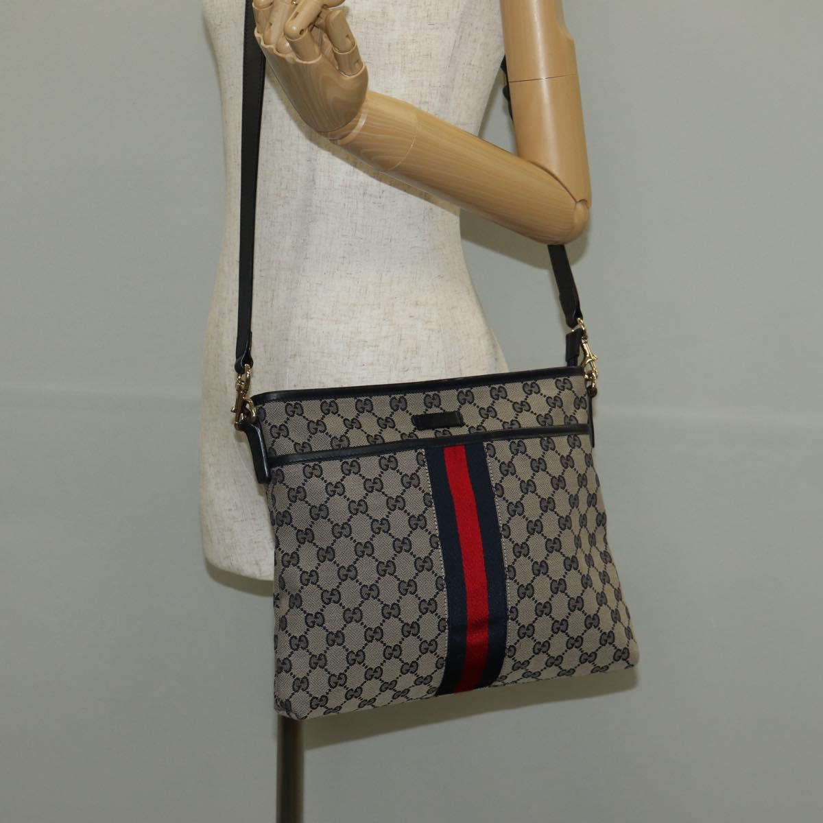 GUCCI GG Canvas Sherry Line Shoulder Bag Navy Gold Red 388926 Auth am9338V